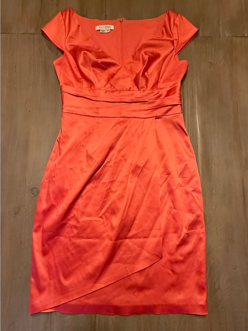 Kay Unger Coral Satin V-Neck Midi Dress size 10